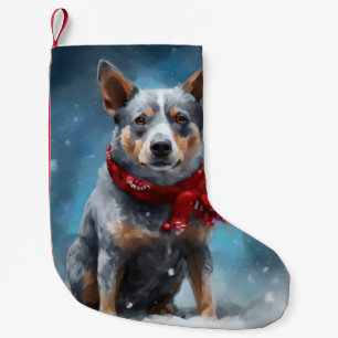 Meia De Natal Pequena Cachorro Blue Heeler na neve de Natal