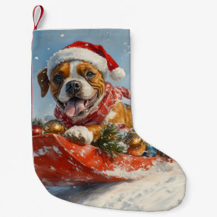 Meia De Natal Pequena Cachorro Boxer em Trenó Deixe Nevar Natal