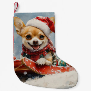 Meia De Natal Pequena Cachorro Chihuahua em Trenó Deixe Nevar Natal