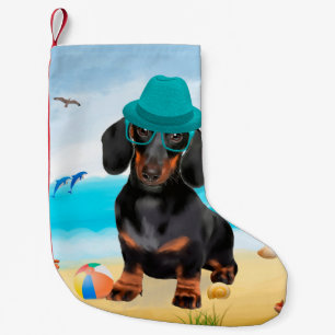 Meia De Natal Pequena Cachorro Dachshund na Praia