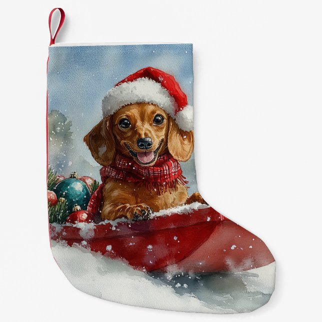 Meia De Natal Pequena Cachorro Dachshund Sledge Deixe-o nevar no Natal (Frente)