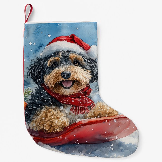 Meia De Natal Pequena Cachorro de Bernedoodle com Sledge Deixe-o nevar n (Frente)