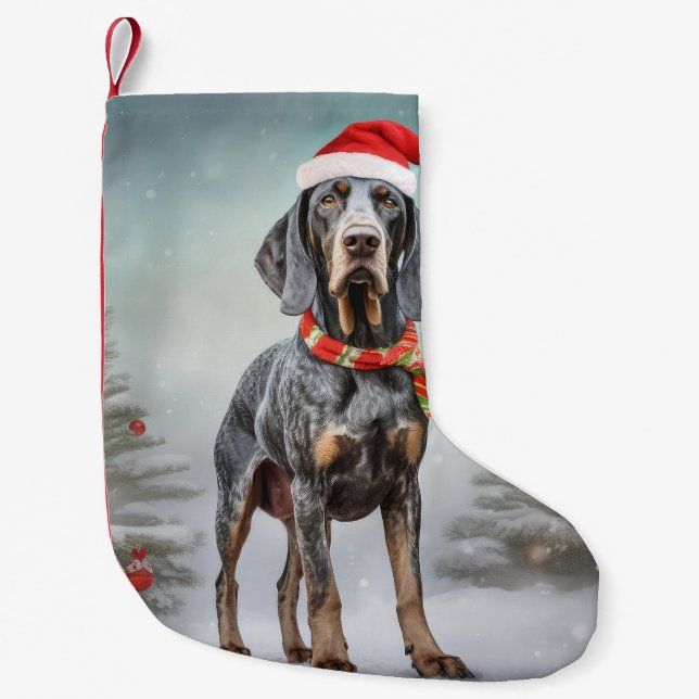 Meia De Natal Pequena Cachorro de Cachorro Bluetick no Natal da Neve (Frente)