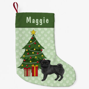 Meia De Natal Pequena Cachorro De Cartografia De Pug Negro Com Árvore De