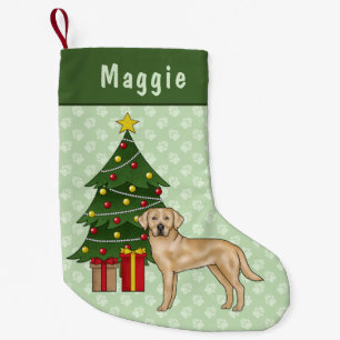 Meia De Natal Pequena Cachorro de Retriever de Labrador Amarelo com Árvo