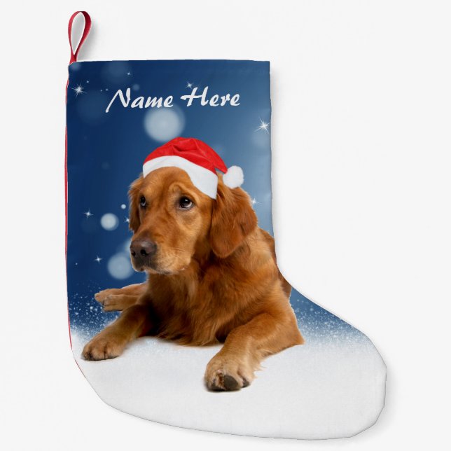 Meia De Natal Pequena Cachorro de Retriever de Ouro Neve Estrelas de Azu (Frente)