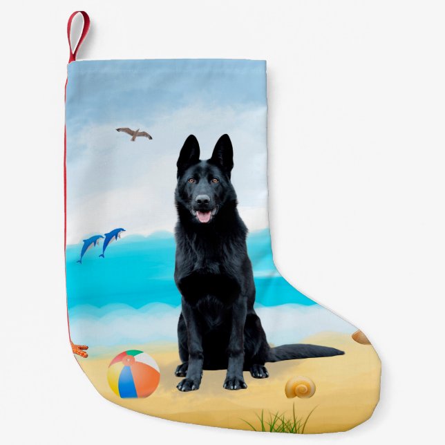 Meia De Natal Pequena Cachorro German shepherd Negro na praia (Frente)