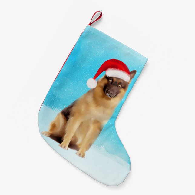 Meia De Natal Pequena Cachorro german shepherd Sentado Em Neve Santa Hat (Frente (Pendurada))