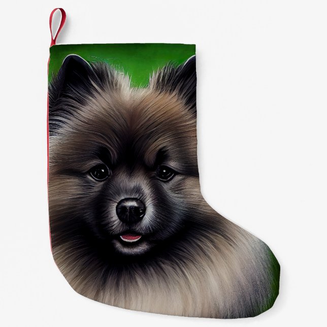 Meia De Natal Pequena Cachorro Keeshond na Rua. (Frente)