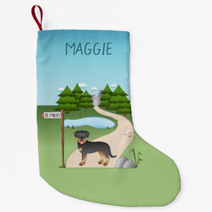 Meia De Natal Pequena Cachorro Negro E Tan Rottweiler Por Uma Trilha De