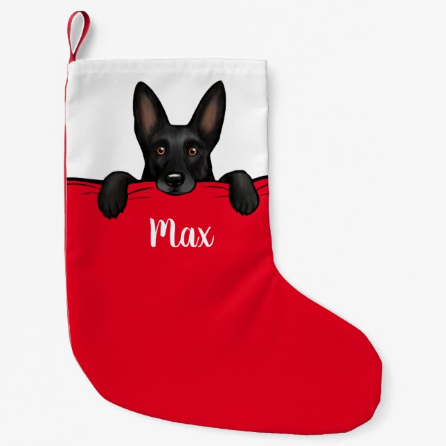 Meia De Natal Pequena Cachorro Negro German shepherd Personalizado (Frente)