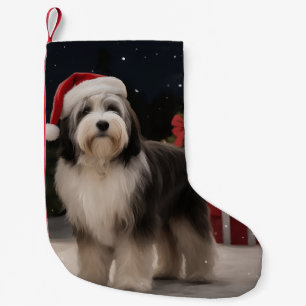 Meia De Natal Pequena Cachorro Terrier Tibetano na Neve Natal