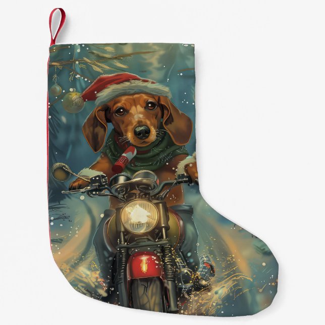 Meia De Natal Pequena Cachshund Dog Andando na Motocicleta (Frente)