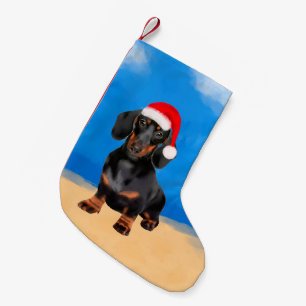 Meia De Natal Pequena Cachshund No Chapéu De Natal Da Praia