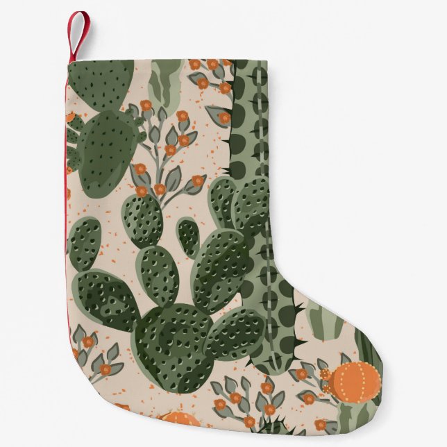 Meia De Natal Pequena Cacto suculento verde-safra e flores de laranja  (Frente)