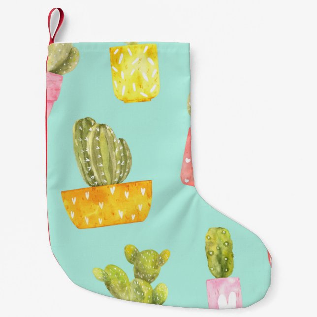 Meia De Natal Pequena Cactos picantes em potes, padrão de aquarela. (Frente)