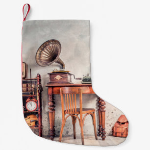 Meia De Natal Pequena Cadeira antiga, máquina de escrever antiga, rádio 