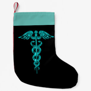 Meia De Natal Pequena Caduceus médico de turquesa da enfermeira