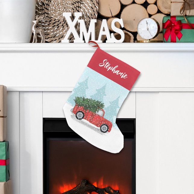 Meia De Natal Pequena Caligrafia Script Watercolor Red Truck (Christmas holiday whimsical winter classic red truck stocking.)