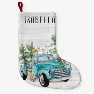 Meia De Natal Pequena Caminhão Russo Blue Farmhouse  Monograma de Natal