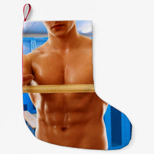 Meia De Natal Pequena CamisaSlipperyJoe do homem musculoso sem abs peito