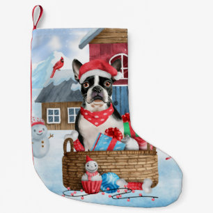 Meia De Natal Pequena Cão Boston Terrier na casa de cachorro de Natal na