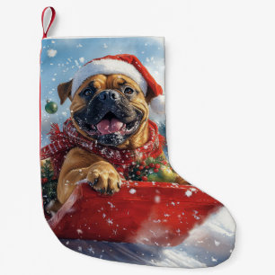Meia De Natal Pequena Cão Bullmastiff em Trenó Deixe Nevar Natal