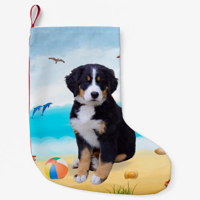 Meia De Natal Pequena Cão da Montanha Bernese na Praia (Frente)