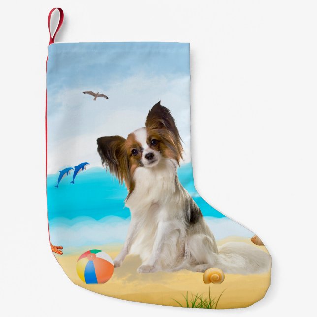 Meia De Natal Pequena Cão Papillon na Praia (Frente)