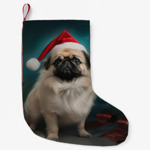 Meia De Natal Pequena Cão Pequinês na Neve Natal