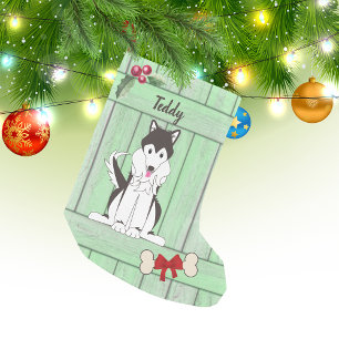 Meia De Natal Pequena Cão Rouco Cachorro Cachorro, muro verde de madeir