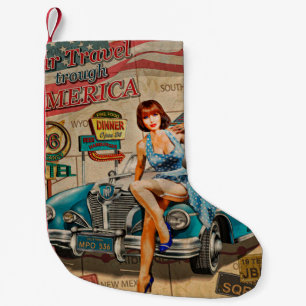 Meia De Natal Pequena Carro viagem através do poster vintage americano.