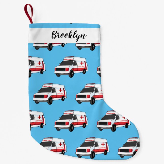 Meia De Natal Pequena Cartoon de ambulância vermelha (Frente)