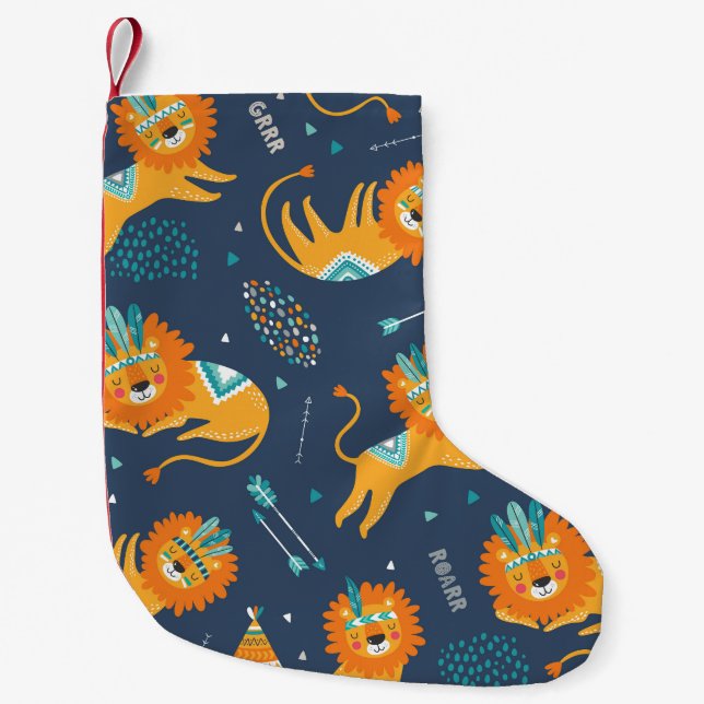 Meia De Natal Pequena Cartoon de Leões Tribais Padrão Invisível (Frente)