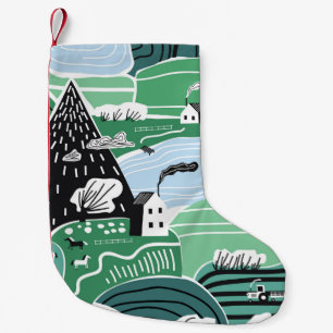Meia De Natal Pequena Casas escandinavas, árvores, ilustração das montan
