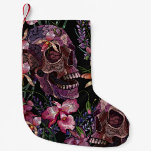 Meia De Natal Pequena Casca humana bordados e flores cor-de-rosa-orquíd