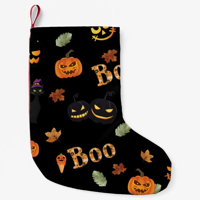 Meia De Natal Pequena Cat Boo Halloween (Frente)