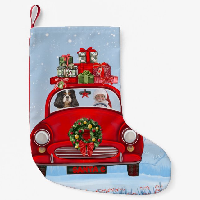 Meia De Natal Pequena Cavalier King Dog Em Carro Com Papai Noel (Frente)