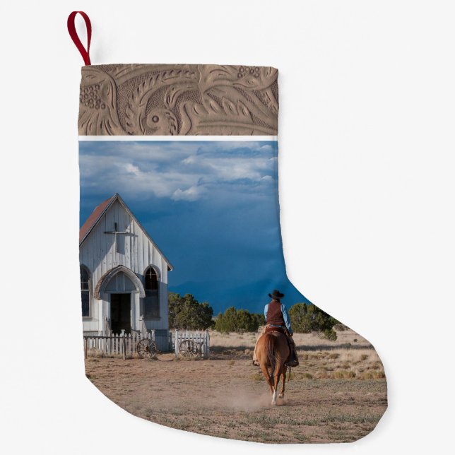 Meia De Natal Pequena Cavalo Andando De Cowboy Ocidental Para O Couro Fa (Frente)