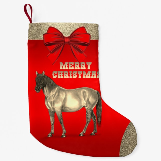 Meia De Natal Pequena Cavalo Dourado Ocidental em Vermelho (Frente)