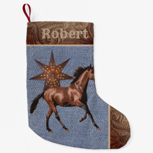 Meia De Natal Pequena Cavalo Ocidental e Estrela Com Couro Falso/Jeans