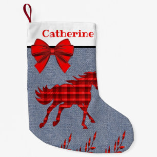 Meia De Natal Pequena Cavalo Vermelho Ocidental Da Xadrez Em Faux Denim