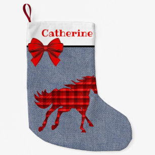 Meia De Natal Pequena Cavalo Vermelho Ocidental Da Xadrez Em Faux Denim