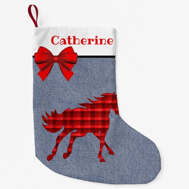 Meia De Natal Pequena Cavalo Vermelho Ocidental Da Xadrez Em Faux Denim (Frente)
