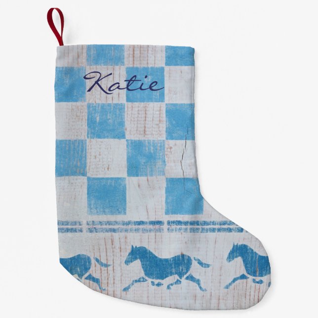 Meia De Natal Pequena Cavalos de xadrez azuis (Frente)