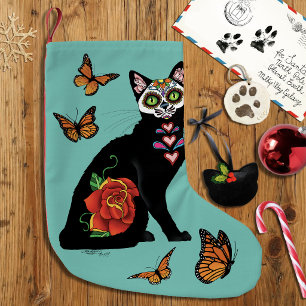 Meia De Natal Pequena Caveira de Açúcar Gato Preto Rosa Coração Azul