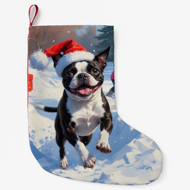 Meia De Natal Pequena Cena de Neve Festiva de Boston Terrier Christmas (Frente)
