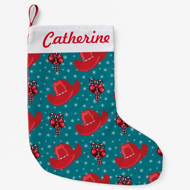 Meia De Natal Pequena Chapéu de Cowboy e Canas Doces com Feriado de Neve (Frente)