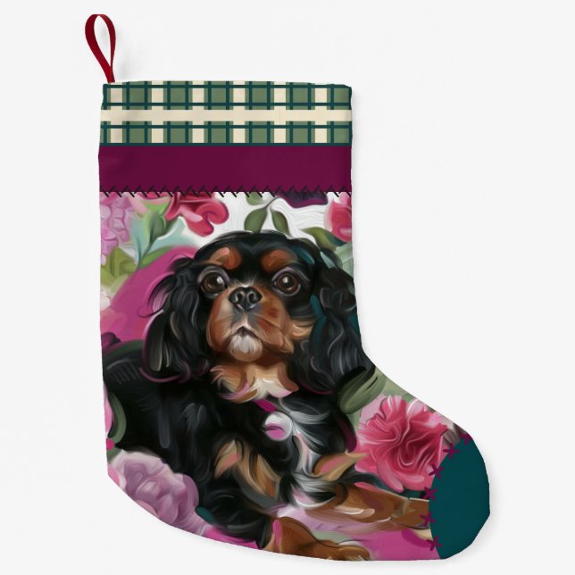 Meia De Natal Pequena Checker de Natal Black and Tan Cavalier (Frente)