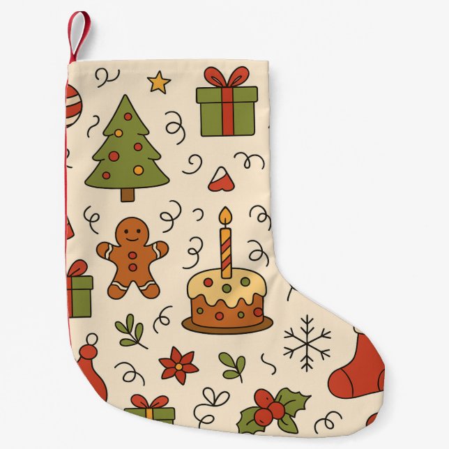 Meia De Natal Pequena Cheerful Christmas Doodle Pattern (Frente)